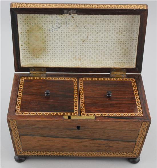 A Victorian rosewood Tunbridge ware tea caddy, 8.25in.